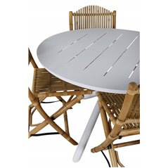 Alma Dining Table - White Alu - ø120cm, Cane Foldable Dining Chair - Bamboo / Grey Cushion