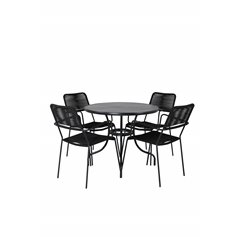 Nicke Dining Table - Black Steel - ø90cm, Lindos Armchair - Black Alu / Black Rope