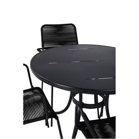 Nicke Dining Table - Black Steel - ø90cm, Lindos Armchair - Black Alu / Black Rope