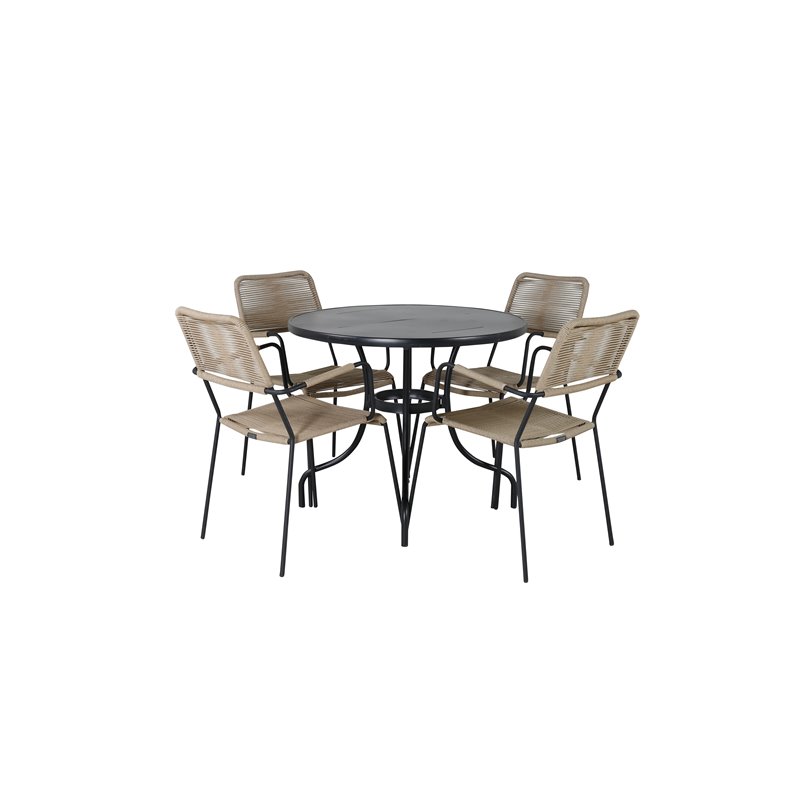 Nicke Dining Table - Black Steel - ø90cm, Lindos - Armchair - Black Alu / Latte Rope