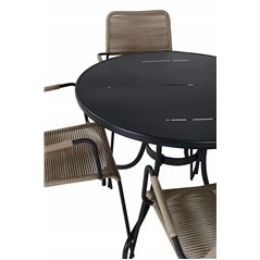 Nicke Dining Table - Black Steel - ø90cm, Lindos - Armchair - Black Alu / Latte Rope