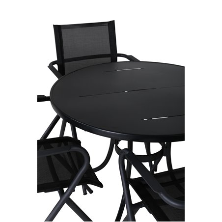 Nicke Dining Table - Black Steel - ø90cm, Alina Dining Chair - Black Alu / Black Textilene