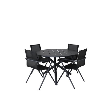 Alma Dining Table - Black Alu - ø120cm, Alina Dining Chair - Black Alu / Black Textilene