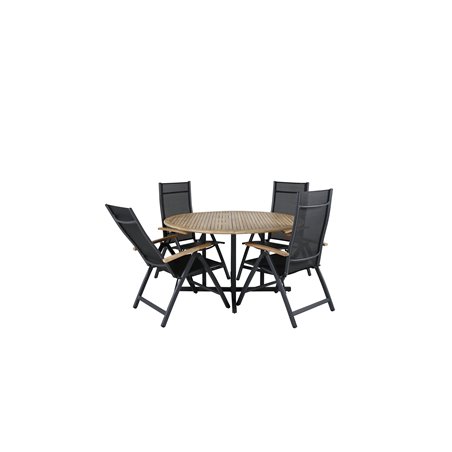Cruz Dining Table - Black Steel / Acacia (teak look) ø140cm, Panama Light 5-pos-tuoli Black/musta ja teak_4