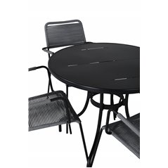 Nicke Dining Table - Black Steel - ø90cm, Lindos Armchair - Black Alu / Grey Rope