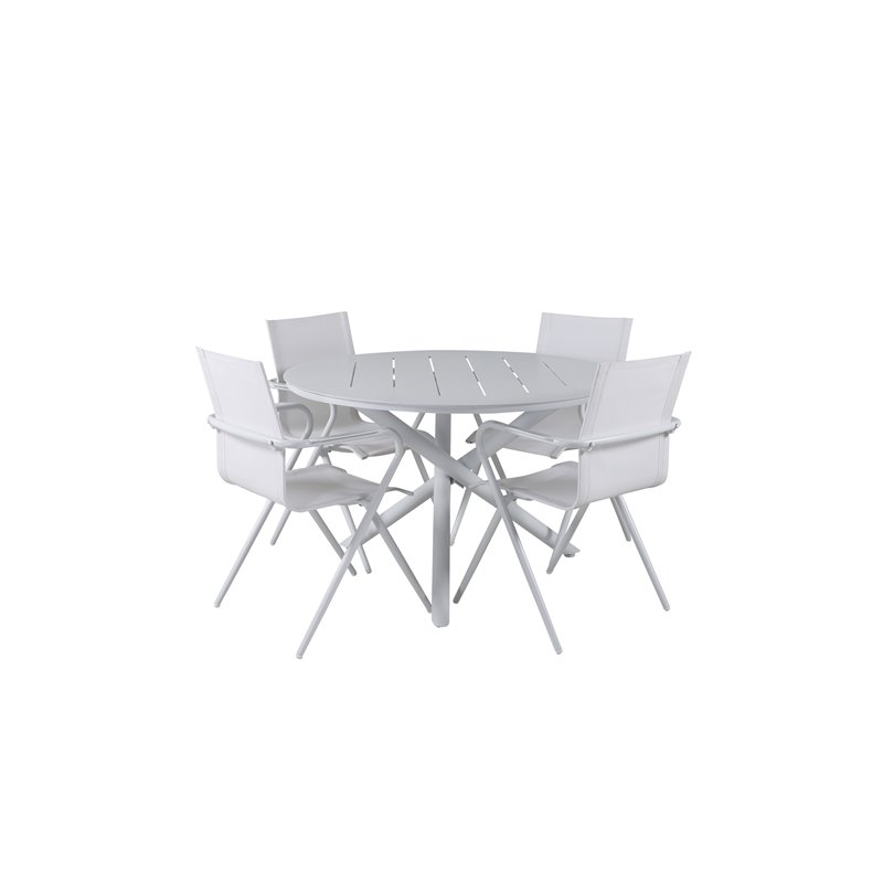 Alma Dining Table - White Alu - ø120cm, Alina Dining Chair - White Alu / Valkoinen tekstiili