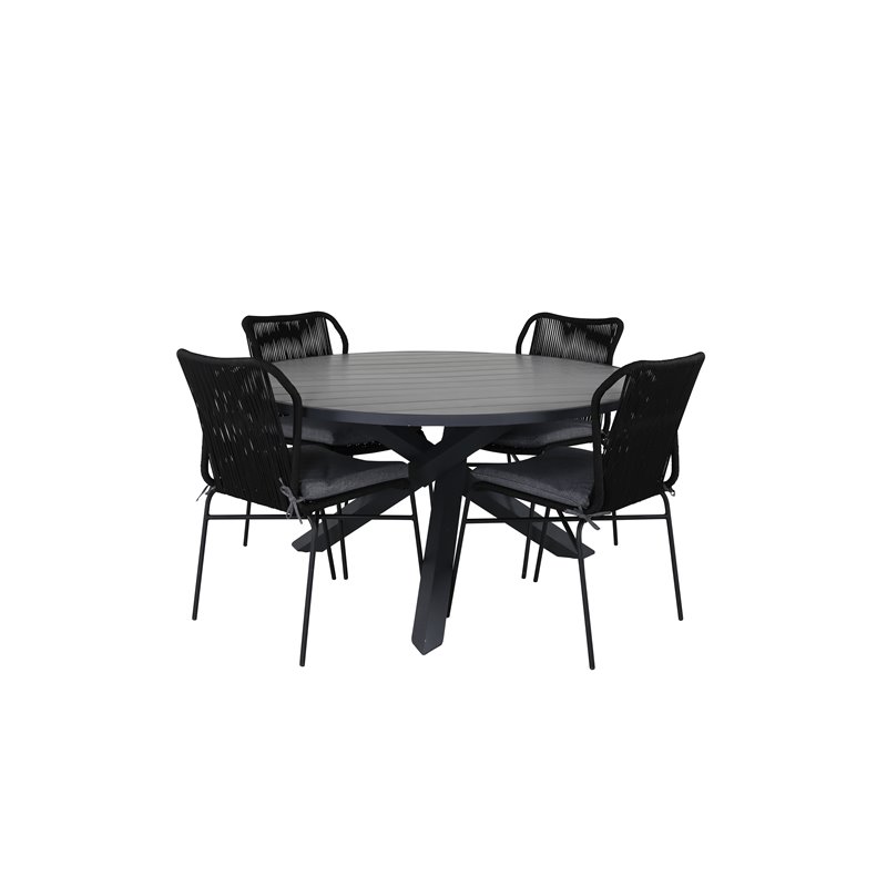 Parma - Table ø 140 - Black Alu/Grey Aintwood, Julian Dining Chair - Black Steel / Black Rope 4 4 4