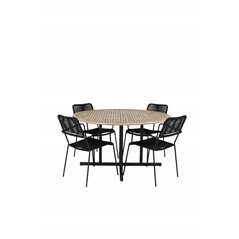 Cruz Dining Table - Black Steel / Acacia - Lindos Armchair - Black Alu / Black Rope