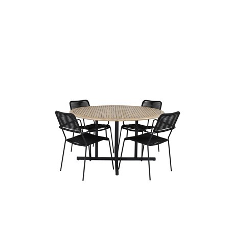 Cruz Dining Table - Black Steel / Acacia - Lindos Armchair - Black Alu / Black Rope