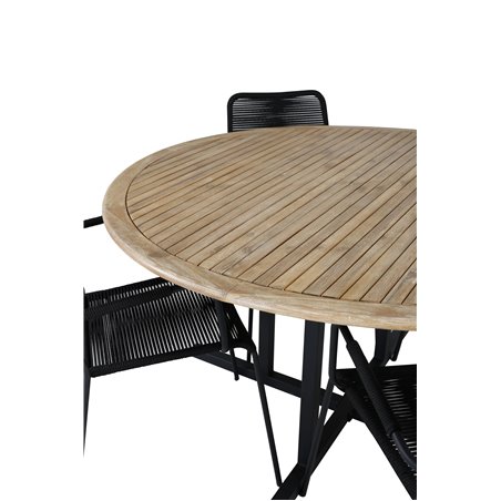 Cruz Dining Table - Black Steel / Acacia - Lindos Armchair - Black Alu / Black Rope