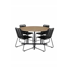 Cruz Dining Table - Black Steel / Acacia (teak look) ø140cm, Lindos Stacking Chair - Black Alu / Black Rope