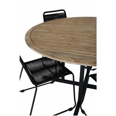 Cruz Dining Table - Black Steel / Acacia (teak look) ø140cm, Lindos Stacking Chair - Black Alu / Black Rope