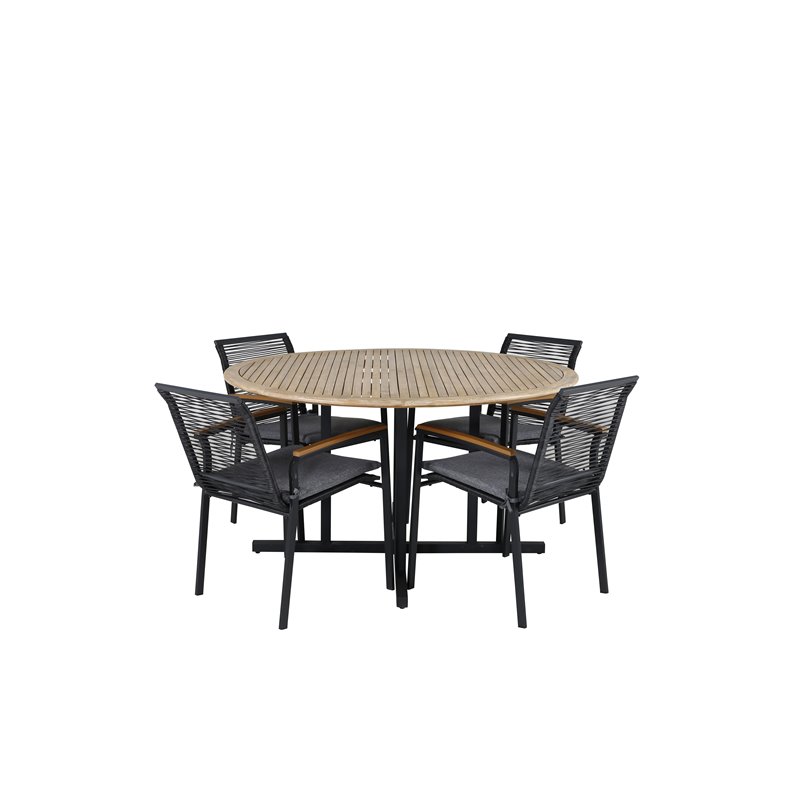 Cruz Dining Table - Black Steel / Acacia (teak look) ø140cm, Dallas Dining Chair