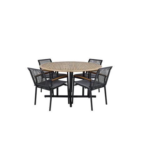 Cruz Dining Table - Black Steel / Acacia (teak look) ø140cm, Dallas Dining Chair