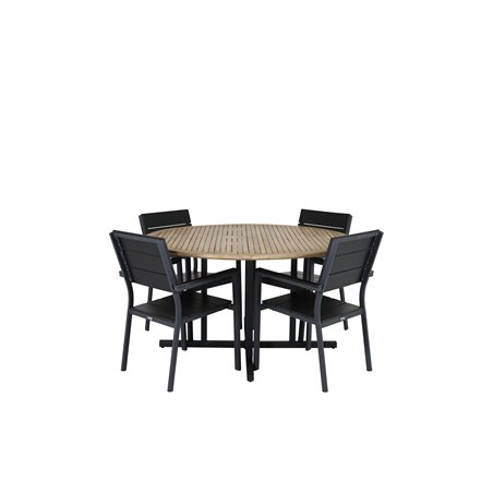 Cruz Dining Table - Black Steel / Acacia (teak look) ø140cm, Levels Chair