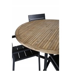 Cruz Dining table - Black Steel / Acacia (teak look) ø140cm, Levels Chair (stackable) - Black Alu / Black Aintwood_4