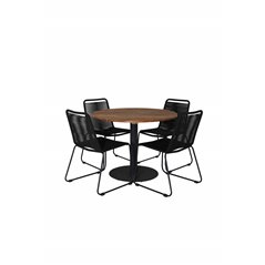 Cot Dining Table - Black Steel / Acacia Ö100cm+Lindos Stacking Chair - Black Alu/Black Rope