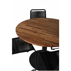 Cot Dining Table - Black Steel / Acacia Ö100cm+Lindos Stacking Chair - Black Alu/Black Rope