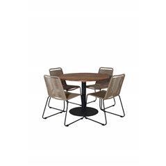 Cot Dining Table - Black steel / Acacia (teaklook) - ø100cm+Lindos Stacking Chair - Black Alu / Latte Rope_4