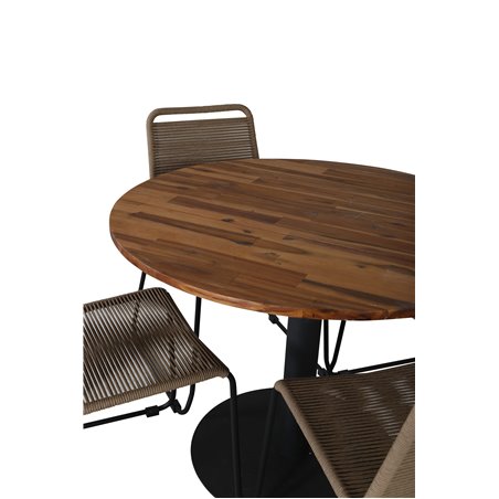 Cot Dining Table - Black Steel / Acacia Ö100cm+Lindos Stacking Chair - Black Alu / Latte Rope