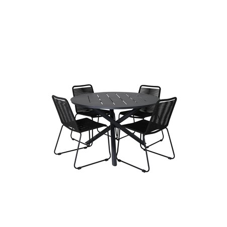 Alma Dining Table - Black Alu - ø120cm, Lindos Stacking Chair - Black Alu / Black Rope