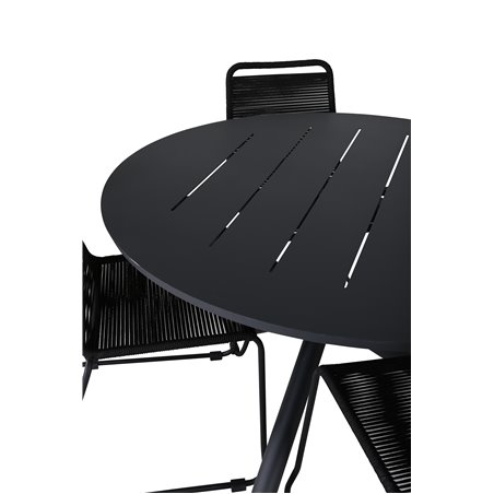 Alma Dining Table - Black Alu - ø120cm, Lindos Stacking Chair - Black Alu / Black Rope