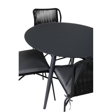 SanTorini Matbord ø 100 - musta alu / harmaa lasi, Julian Dining Chair - Black Steel / Black Rope 4 4 4