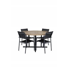 Cruz Dining Table - Black Steel / Acacia (teak look) ø140cm SanTorini Arm Chair Black Alu/Black Textilene (käytetty)