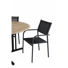 Cruz Dining Table - Black Steel / Acacia (teak look) ø140cm SanTorini Arm Chair Black Alu/Black Textilene (käytetty)