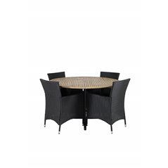 Cruz Dining Table - Black Steel / Acacia (teak look) ø140cm, Knick Armchair