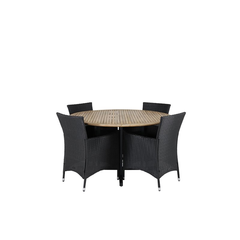 Cruz Dining Table - Black Steel / Acacia (teak look) ø140cm, Knick Armchair