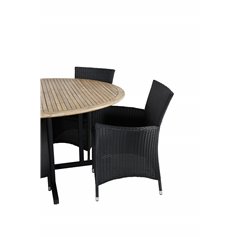 Cruz Dining Table - Black Steel / Acacia (teak look) ø140cm, Knick Armchair