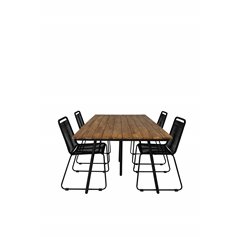 Chan Dining Table - Black Steel / Acacia (teak look) - 200cm+Lindos Stacking Chair - Black Alu / Black Rope_4