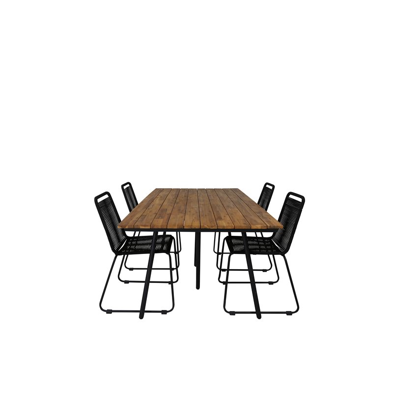 Chan spisebord - sort stål / akacie (teak-look) - 200 cm + Lindos stabelstol - sort alu / sort reb_4