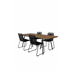 Chan Dining Table - Black Steel / Acacia - Lindos Stacking Chair - Black Alu / Black Rope