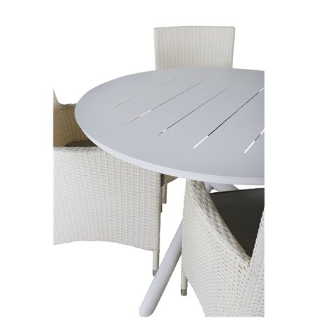 Alma Spisebord - Hvid Alu - ø120cm, Malin Lænestol med hynde - Hvid / grå hynde_4
