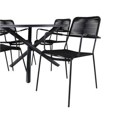 Alma Dining Table - Black Alu - ø120cm, Lindos Armchair - Black Alu / Black Rope