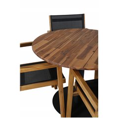 Tremmeseng Spisebord - Sort stål / Acacia (teak look) - ø100cm + Venice Stackingchair - Teak / Sort textilene_4