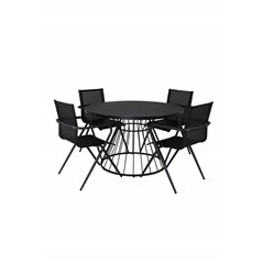 Tropea Dining Table - Black Steel / Grey Spray Glass, Alina Dining Chair - Black Alu / Black Textilene