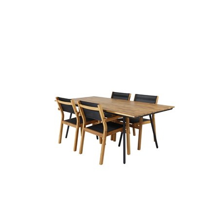 Chan matbord - svart stål / akacia (teak look) - 200cm + Venedig staplingstol - teak / svart textilene_4