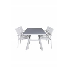 Virya Dining Table - White Alu / Grey GlassSanTorini Arm Chair (Valkoinen alu/valkoinen tekstiili)