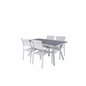 Virya Dining Table - White Alu / Grey GlassSanTorini Arm Chair (Valkoinen alu/valkoinen tekstiili)