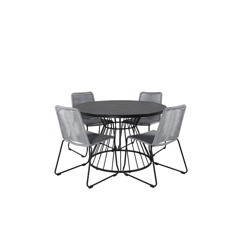 Tropea Dining Table - Black Steel / Grey Spray Glass, Lindos Chair