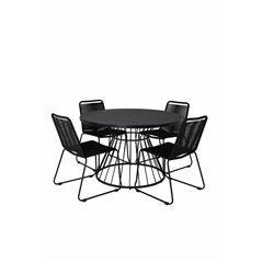 Tropea Dining Table - Black Steel / Grey Spray Glass, Lindos Stacking Chair - Black Alu / Black Rope