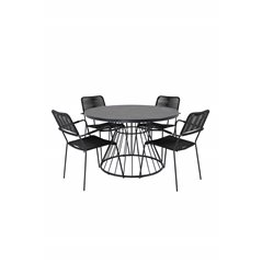 Tropea Dining Table - Black Steel / Grey Spray Glass, Lindos Armchair - Black Alu / Black Rope