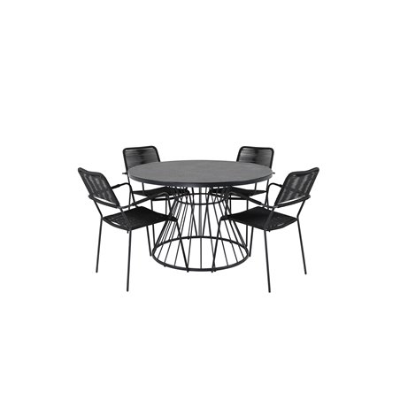 Tropea Dining Table - Black Steel / Grey Spray Glass, Lindos Armchair - Black Alu / Black Rope