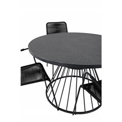 Tropea Dining Table - Black Steel / Grey Spray Glass, Lindos Armchair - Black Alu / Black Rope