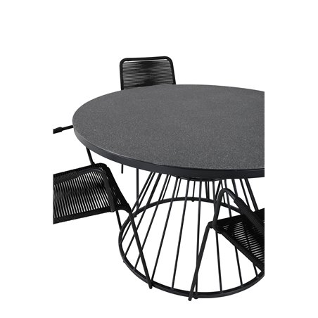 Tropea Dining Table - Black Steel / Grey Spray Glass, Lindos Armchair - Black Alu / Black Rope