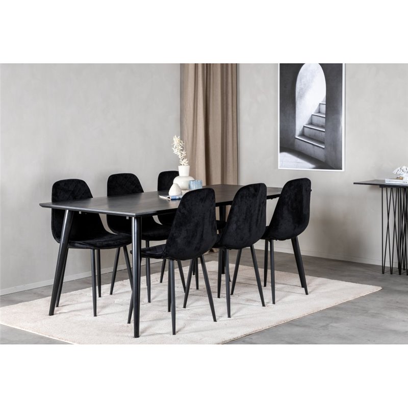 Dipp Dining Table - 180*90cm - Black Veneer / all black legs , Polar Diamond Dining Chair - Black Legs - Black Velvet_6