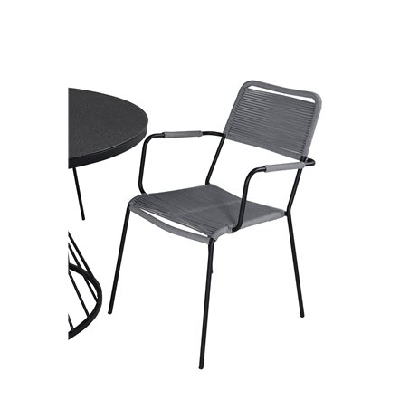 Tropea Dining Table - Black Steel / Grey Spray Glass, Lindos Armchair - Black Alu / Grey Rope